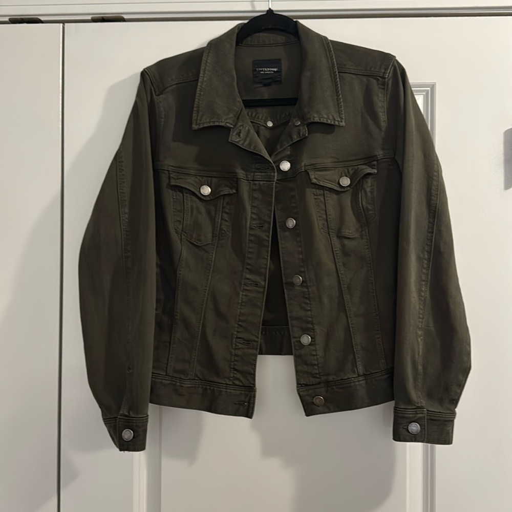 Dark green cropped jean jacket; lightly used; L